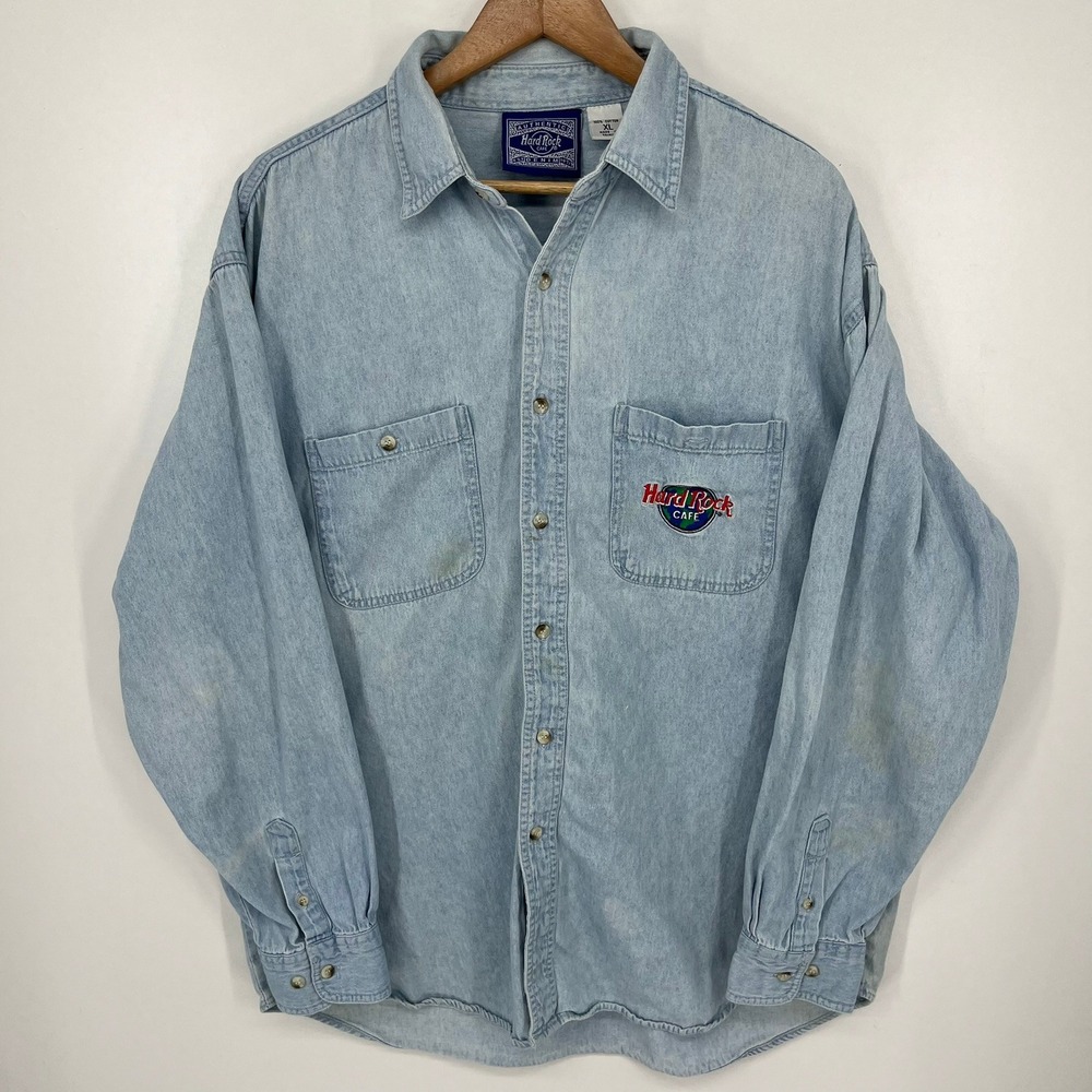 Hard Rock Cafe Vintage Light Wash Denim Button Down Shirt Mens XL 1990s
